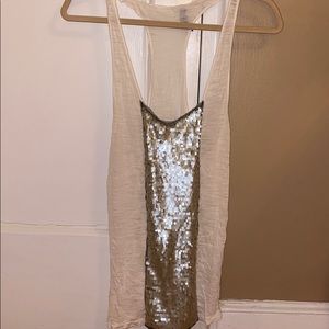 Women's white tank top with silver mesh